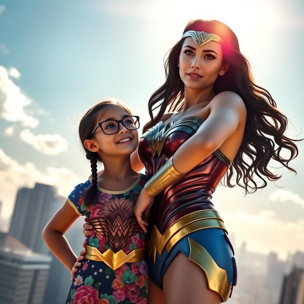 A hyper-realistic scene featuring Wonder Woman standing confidently beside a little girl