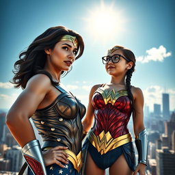 A hyper-realistic scene featuring Wonder Woman standing confidently beside a little girl