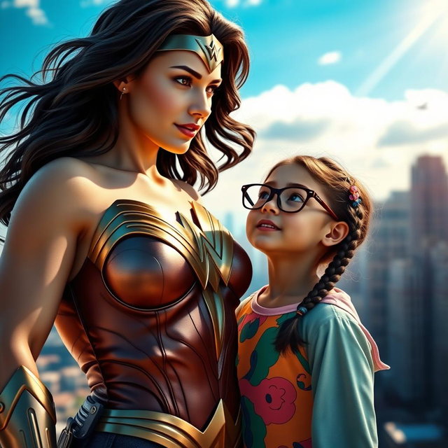 A hyper-realistic scene featuring Wonder Woman standing confidently beside a little girl
