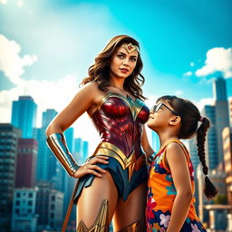 A hyper-realistic scene featuring Wonder Woman standing confidently beside a little girl