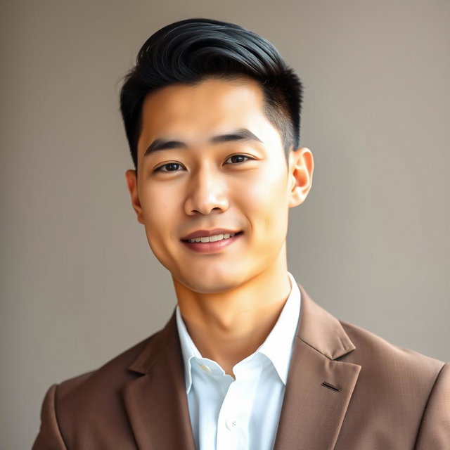 A 27-year-old Thai man of Chinese descent, standing between 175-185 cm tall, with a well-proportioned physique, narrow waist, and broad shoulders