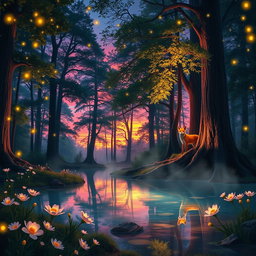 A magical forest scene during twilight, where glowing fireflies illuminate the air