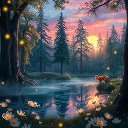 A magical forest scene during twilight, where glowing fireflies illuminate the air
