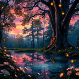 A magical forest scene during twilight, where glowing fireflies illuminate the air