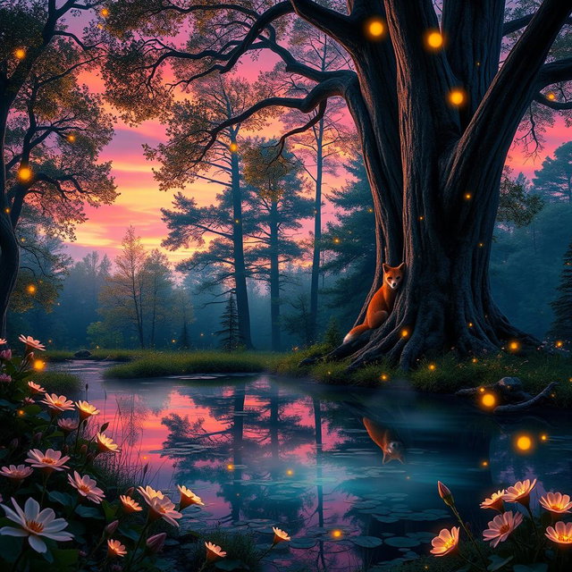 A magical forest scene during twilight, where glowing fireflies illuminate the air