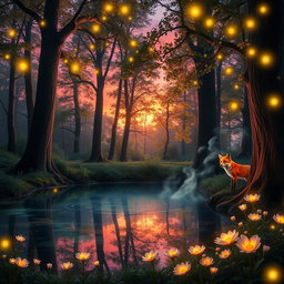 A magical forest scene during twilight, where glowing fireflies illuminate the air