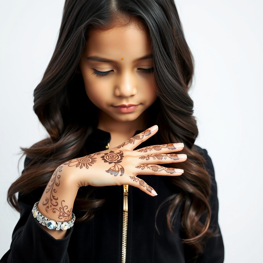 A beautifully detailed, high-quality close-up portrait of a young girl with long, flowing black hair styled in soft waves