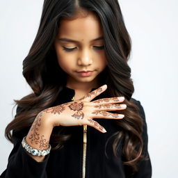 A beautifully detailed, high-quality close-up portrait of a young girl with long, flowing black hair styled in soft waves