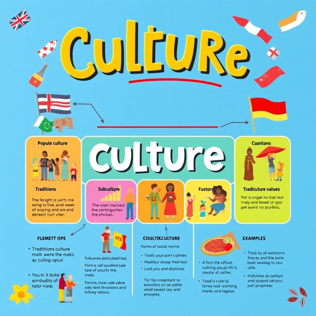 A visually striking educational poster on the theme of culture, showcasing various types of culture such as popular culture, subculture, and counterculture