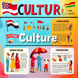 A visually striking educational poster on the theme of culture, showcasing various types of culture such as popular culture, subculture, and counterculture