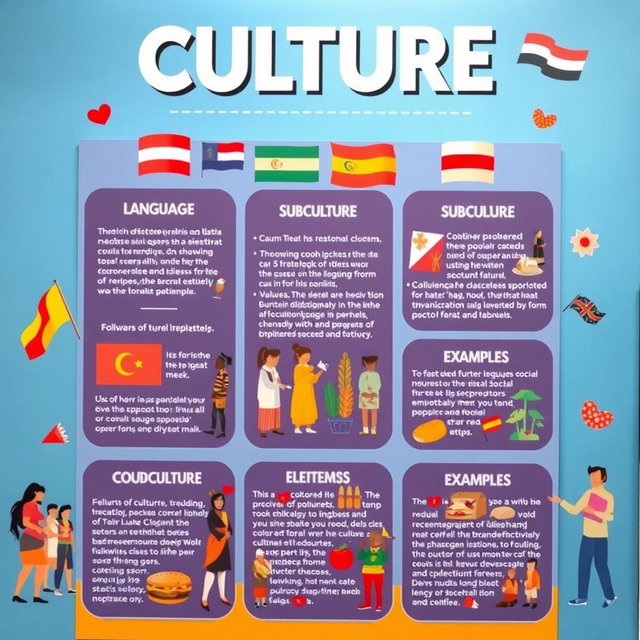A visually striking educational poster on the theme of culture, showcasing various types of culture such as popular culture, subculture, and counterculture