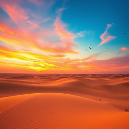 A mesmerizing landscape featuring a golden desert under a stunning sunset sky, with vibrant orange and pink hues blending seamlessly