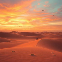 A mesmerizing landscape featuring a golden desert under a stunning sunset sky, with vibrant orange and pink hues blending seamlessly