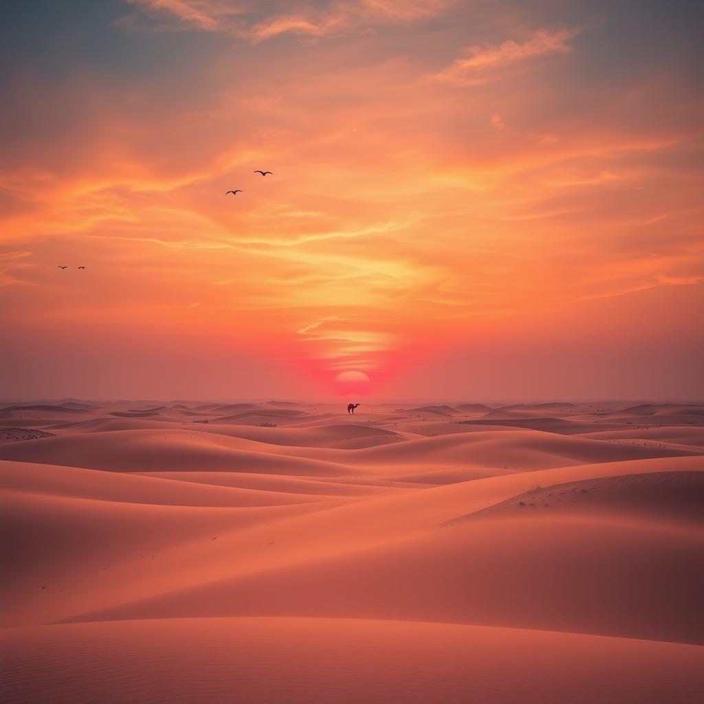 A mesmerizing landscape featuring a golden desert under a stunning sunset sky, with vibrant orange and pink hues blending seamlessly