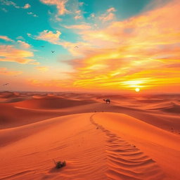 A mesmerizing landscape featuring a golden desert under a stunning sunset sky, with vibrant orange and pink hues blending seamlessly