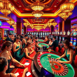 A vibrant and glamorous casino scene filled with attractive individuals dressed in stylish evening wear, engaging in various games such as poker and roulette