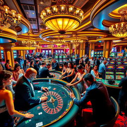 A vibrant and glamorous casino scene filled with attractive individuals dressed in stylish evening wear, engaging in various games such as poker and roulette