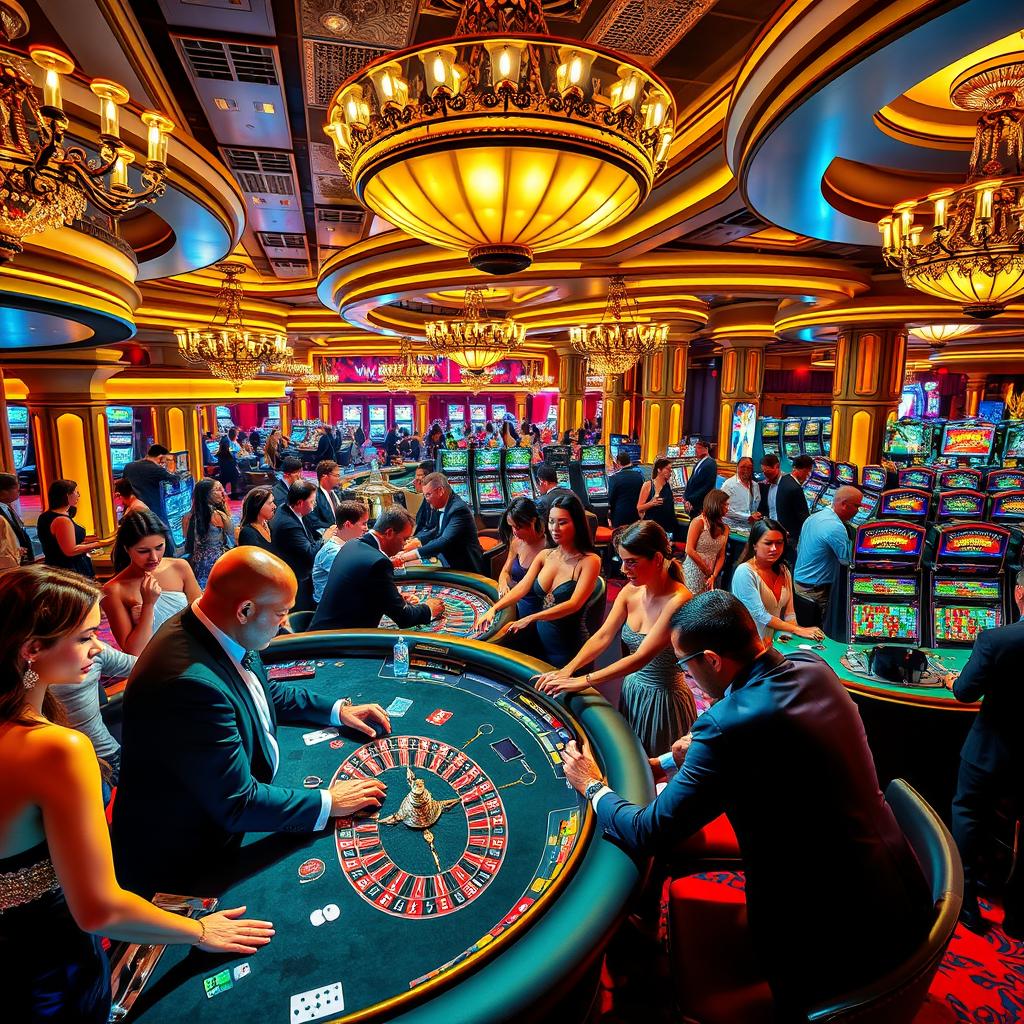 A vibrant and glamorous casino scene filled with attractive individuals dressed in stylish evening wear, engaging in various games such as poker and roulette