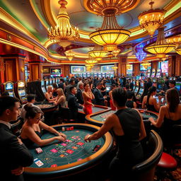 A vibrant and glamorous casino scene filled with attractive individuals dressed in stylish evening wear, engaging in various games such as poker and roulette