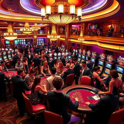 A vibrant and glamorous casino scene filled with attractive individuals dressed in stylish evening wear, engaging in various games such as poker and roulette