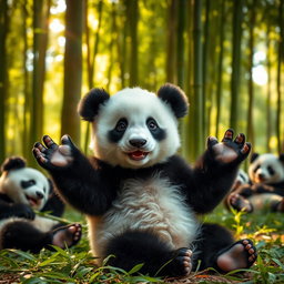 A cute baby panda sitting in a lush green forest, surrounded by bamboo trees