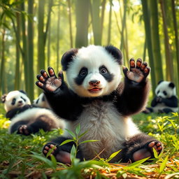 A cute baby panda sitting in a lush green forest, surrounded by bamboo trees