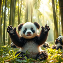 A cute baby panda sitting in a lush green forest, surrounded by bamboo trees