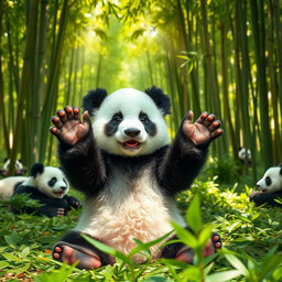 A cute baby panda sitting in a lush green forest, surrounded by bamboo trees