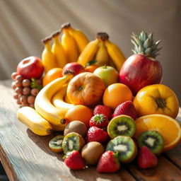 A vibrant and inviting composition of assorted fruits displayed on a rustic wooden table