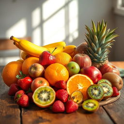 A vibrant and inviting composition of assorted fruits displayed on a rustic wooden table