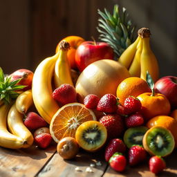 A vibrant and inviting composition of assorted fruits displayed on a rustic wooden table