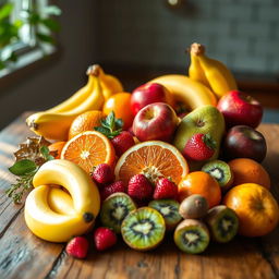 A vibrant and inviting composition of assorted fruits displayed on a rustic wooden table