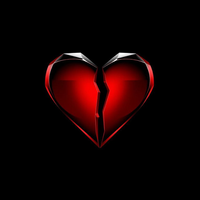 An artistic representation of a heartless logo, featuring a bold and stylized heart shape that is split in two, with sharp edges and a dark, ominous color palette of deep reds and blacks