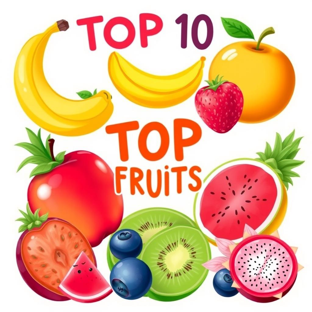 A colorful and vibrant illustration featuring the top 10 fruits in an appealing layout, including a ripe banana, juicy apple, fresh orange, luscious strawberry, sweet mango, tropical pineapple, plump blueberry, succulent kiwi, refreshing watermelon, and exotic dragon fruit