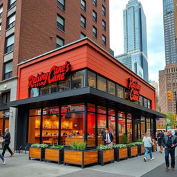 A Raising Cane's restaurant building located in New York City, featuring the brand's signature design enhanced by New York architectural elements
