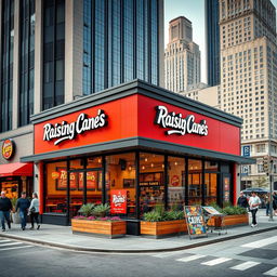 A Raising Cane's restaurant building located in New York City, featuring the brand's signature design enhanced by New York architectural elements