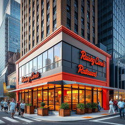 A Raising Cane's restaurant building located in New York City, featuring the brand's signature design enhanced by New York architectural elements