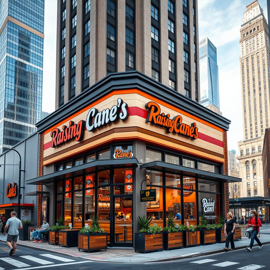 A Raising Cane's restaurant building located in New York City, featuring the brand's signature design enhanced by New York architectural elements