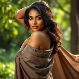 A beautiful Indian woman striking an artistic pose in an elegant, flowing drape that tastefully accentuates her features