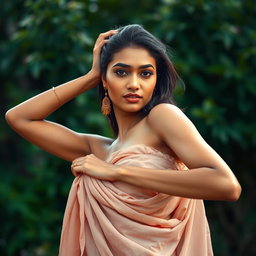 A beautiful Indian woman striking an artistic pose in an elegant, flowing drape that tastefully accentuates her features