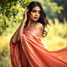 A beautiful Indian woman striking an artistic pose in an elegant, flowing drape that tastefully accentuates her features