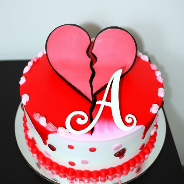 A beautifully designed birthday cake featuring a large broken heart motif on top