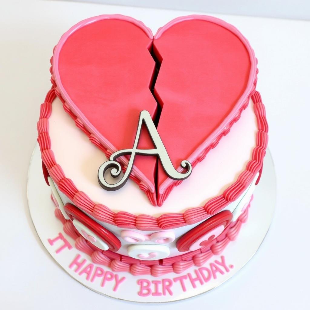 A beautifully designed birthday cake featuring a large broken heart motif on top
