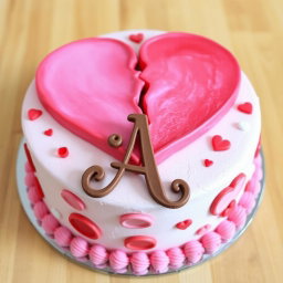 A beautifully designed birthday cake featuring a large broken heart motif on top