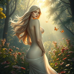 A serene and tranquil landscape featuring an ethereal beauty with flowing hair, radiating confidence and grace, standing in a lush, idyllic forest bathed in soft sunlight