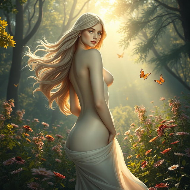 A serene and tranquil landscape featuring an ethereal beauty with flowing hair, radiating confidence and grace, standing in a lush, idyllic forest bathed in soft sunlight