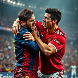 A dramatic scene depicting the legendary football players Cristiano Ronaldo and Lionel Messi engaged in an intense fight on the pitch
