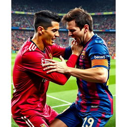 A dramatic scene depicting the legendary football players Cristiano Ronaldo and Lionel Messi engaged in an intense fight on the pitch