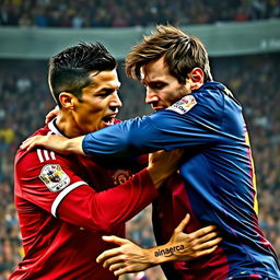 A dramatic scene depicting the legendary football players Cristiano Ronaldo and Lionel Messi engaged in an intense fight on the pitch
