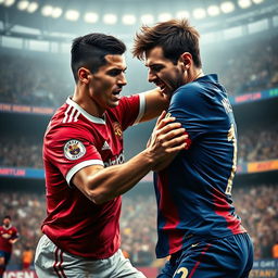 A dramatic scene depicting the legendary football players Cristiano Ronaldo and Lionel Messi engaged in an intense fight on the pitch